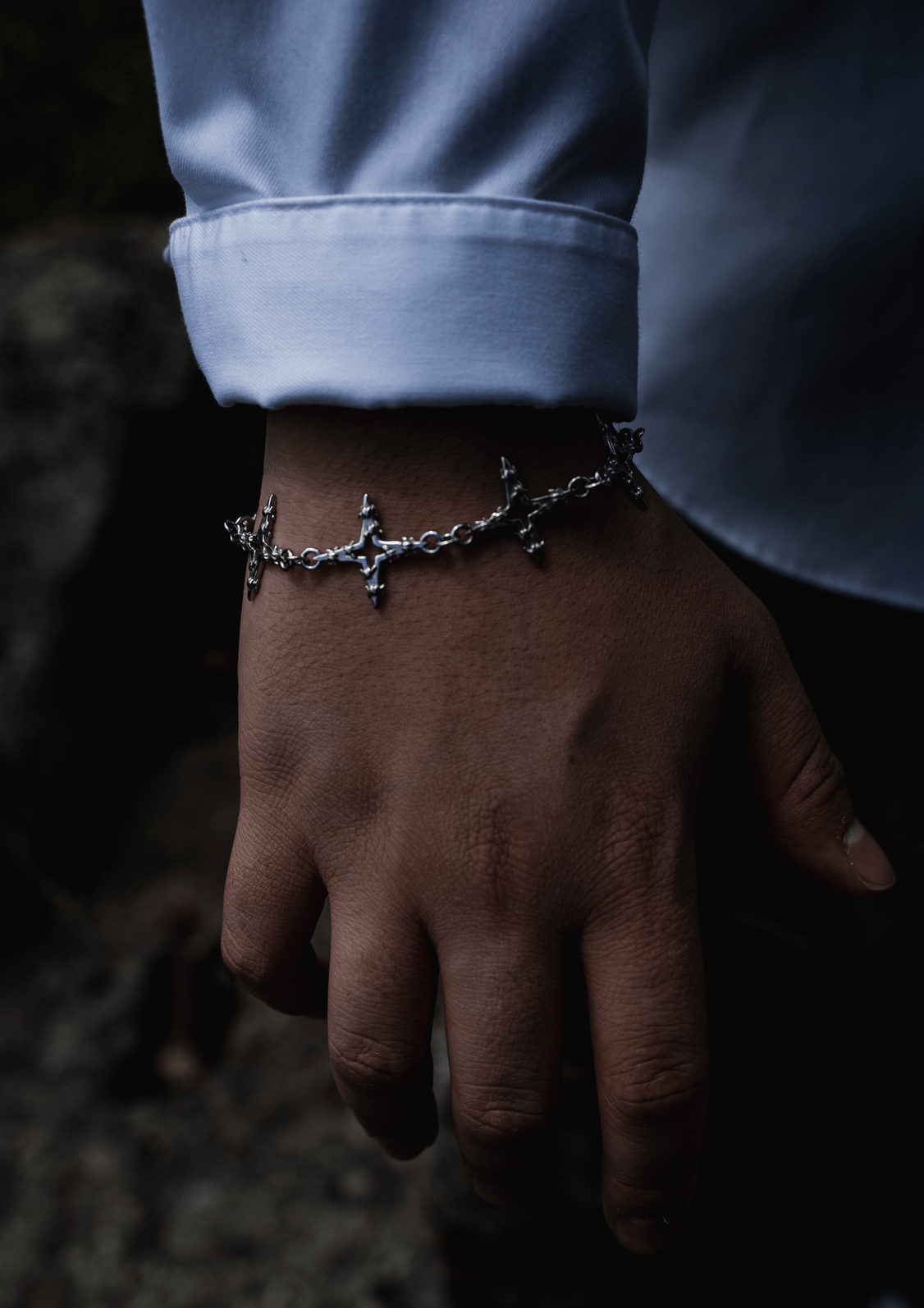 Barbed stellar bracelet worn on wrist showing adjustable fit